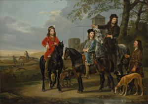 CornelisとMichiel Pompe van Meerdervoortの家庭教師とコーチマンの乗馬ポートレート、狩りの始まり、c.1652-53 作： Aelbert Cuyp