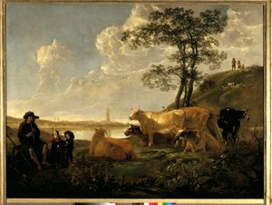 レーネン近郊の風景：放牧された牛と笛を吹く羊飼い アルベール（アエルベルトまたはアエルブレヒト）・カイプ（1620-1691）の絵