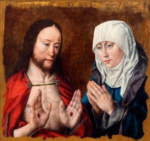 彼の母の手に爪の傷を示すキリストc。 1490。