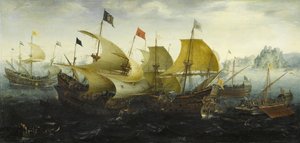 カディスのオランダとイギリスの船の戦いがスペインの無敵艦隊を攻撃する、1608 作： Aert Anthonisz