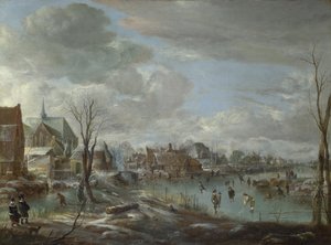 村の近くの凍った川とゴルファーやスケーターたち 1647-1648年頃 作： Aert van der Neer