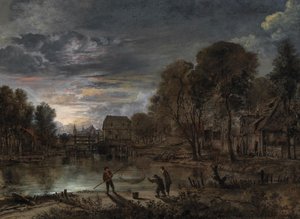 漁師のいる夜の風景。 作： Aert van der Neer