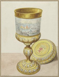 チャタムへの旅の際にコーネリス・デ・ウィットに贈られた蓋付きの金のカップ、1667年 作： Aert Schouman (signed by artist)