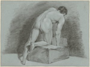 男性の裸体、かがむ、後ろから見た 作： Aert Schouman
