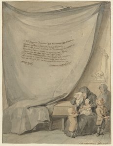 棺のそばで 4 人の子供を持つ未亡人 作： Aert Schouman