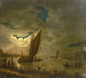 ボートとフィギュアのある川のシーン（木に油彩） 作： Aert van der (imitator of) Neer