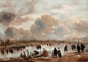 凍った水路にスケーターと町民がいる冬の風景 作： Aert van der Neer