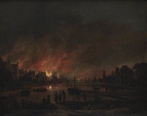 夜の村の火事 作： Aert van der Neer