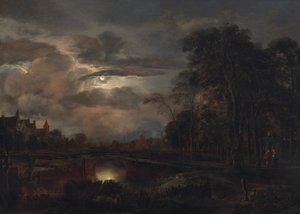 橋のある月明かりの風景 作： Aert van der Neer