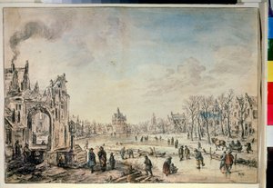 スケーターのいる冬の風景。 Aert Van der Neer (1603-1677) の素描