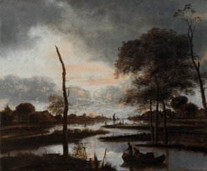 「リバー ビュー: 夕方」、17 世紀 作： Aert van der Neer