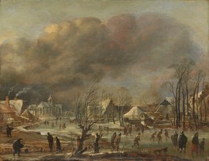 凍った運河のそばの村の降雪、1630-77