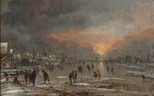 凍った川でのスポーツ、1660年頃（木の油） 作： Aert van der Neer