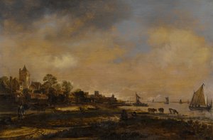 城と村のある広い川の風景 作： アールト・ファン・デル・ニール