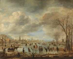 コルフ奏者と馬そりのある町の近くの冬の風景 作： Aert van der Neer