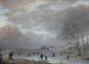 凍った川にスケーターがいる冬の風景（パネルに油彩） 作： Aert van der Neer