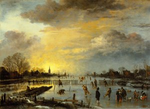 スケーターのいる冬の風景 作： Aert van der Neer