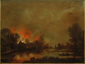 村の火のある夜行性の運河の風景 作： Aert van der Neer der Ältere