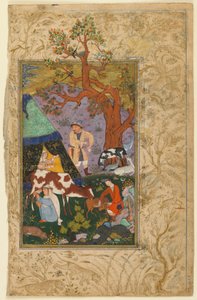 AwhadiによるDivan（収集された詩）のフォリオ。対：野営地、ヘラート、アフガニスタン、1615-16（紙に不透明な水彩画、インク、金）