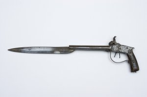 ダブルバレルパーカッションピストル、1840年頃（鋼、真鍮、ホーン）