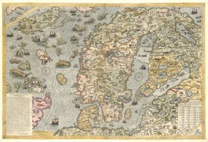 カルタ マリーナの忠実な複製 (1539 年に発行されたオラウス マグヌスによるスカンジナビアのウォールマップ) 作： After Olaus Magnus