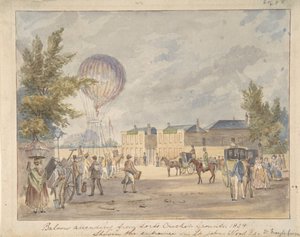 ロードズ・クリケット・グラウンドの入り口付近で上昇する気球（1839年頃）。