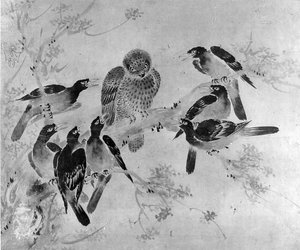 フクロウを襲うマイナバード（19世紀頃 作： after Sesson Shūkei