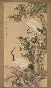 鶴、桃の木、中国のバラ、18 世紀初頭。 作： After Shen Quan