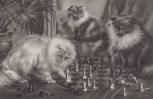 チェスの駒で遊ぶ猫のグループ 作： Agnes Augusta Talboys