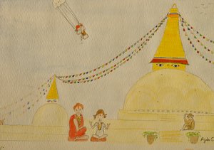 航海、カトマンズ、2015年、紙に水彩 作： Agnes Girardon