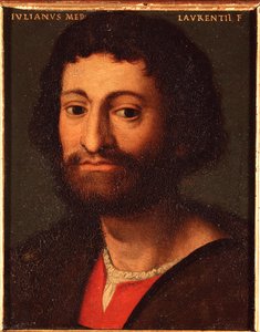 ジュリアン・ド・メディシス（1478-1516）（ジュリアーノ・ド・メディチ）の肖像 ネムール公爵 アッロリ・アンジェロ・ディ・コジモ・ディ・ブロンジーノ（1503-1572）の絵画 - 16世紀 日 15x12 cm メディチ・リッカルディ宮殿（メディチ・リッカルディ） フィレンツェ 作： Agnolo Bronzino