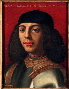 メディチ家のピーター2世（1472-1503）の肖像（ピエロ・ディ・ロレンツォ・デ・メディチまたは不幸なピエロ） イタリアの政治家・軍人で、ローラン豪胆王の息子 ブロンジーノと呼ばれるアグノロ・アローリの絵画（1503-1572） 銅に油彩 Dim 15x12 cm Palazzo M 作： Agnolo Bronzino