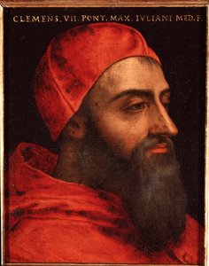 教皇クレメンス7世（クレメンテ）（ジュール・デ・メディシス・オウ・ジュリオ・デ・メディチ）（1478-1534）の肖像 アッロリ・アンジェロ・ディ・コジモ・ディ・ブロンジーノ（1503-1572）の絵画 - 16世紀 薄手 15x12 cm メディチ・リッカルディ宮殿（メディチ・リッカルディ） フィレンツェ 作： Agnolo Bronzino