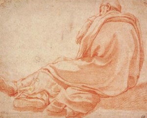 後ろから見たマントを着てリクライニングしている男性 作： Agnostino Ciampelli