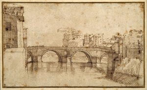 ローマ、ティベリアーナ島（ペン、茶インク、紙 作： Agostino (attr. to) Carracci