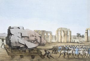 若いメムノンの頭が取り除かれたモード、エジプトとヌビアの研究を示す図版、Giovannie Battista Belzoni、Pub. 1822年（カラーリトグラフ） 作： Agostino Aglio