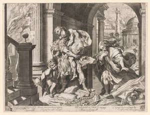 トロイから逃げるアエネアスとその家族 作： Agostino Carracci
