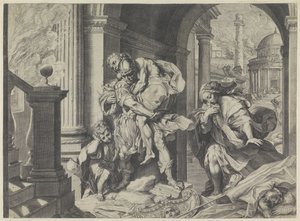 アエネアスは家族と共にトロイアから逃げる 作： Agostino Carracci