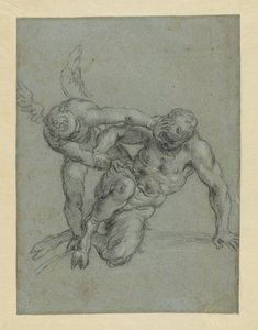 パンを圧倒するキューピッド（レクト）；修道士の頭部；横顔の男の風刺画（裏面） 作： Agostino Carracci