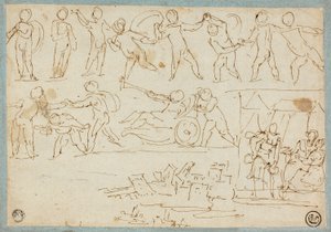 プッティのフリーズ、ロトと娘たちのスケッチ、建物のスケッチ 作： Agostino Carracci