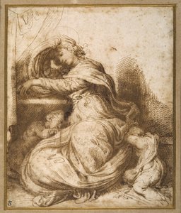 眠っている聖ヨハネと聖母子（ペン＆ブラウンインク、ブラウンウォッシュ 作： Agostino Carracci