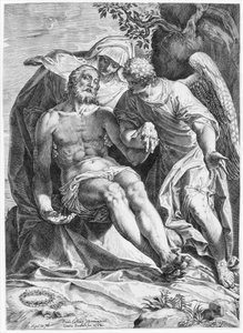 ピエタ、聖母に支えられたキリストと右側の天使、1582 年。 作： Agostino Carracci