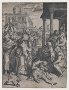 見物人のグループに囲まれて地上にいるパトロクロスを育てる聖パウロ, ..., 1583. 作： Agostino Carracci