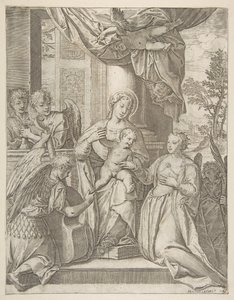 キリストの子供と一緒に中心に座っている聖カトリーヌの神秘的な結婚、天使たち、...、1585年。 作： Agostino Carracci