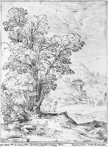 樹木が茂った風景（紙にペンとインク）（白黒写真） 作： Agostino Carracci