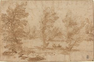 ボートのあるウッドランド川 作： Agostino Carracci