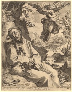 音楽の天使に慰められる聖フランチェスコ 作： Agostino Carracci after Francesco Vanni