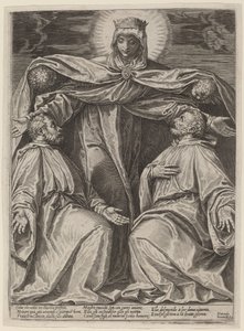 信心会の 2 人のメンバーを保護するマドンナ 作： Agostino Carracci after Veronese