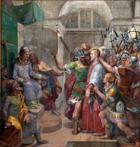 パッション。"ポンテオ・ピラティウスの前のキリスト（Pontius Pilatius）"アゴスティーノ・チャンペッリ（1577-1642）によるフレスコ画 1594-1600年 ローマ、サンタ・プラッセーデ大聖堂