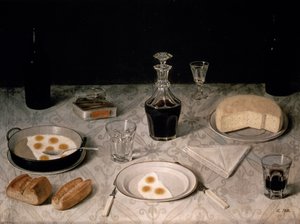 卵、パン、チーズ、ワインのある静物（キャンバスに油彩） 作： Agostino Jose da Mota